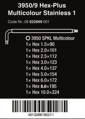 WERA 3950/9 HEX-PLUS RENKLİ PASLANMAZ 1 ALLEN ANAHTAR SET, METRİK, PASLANMAZ, 9 PARÇA