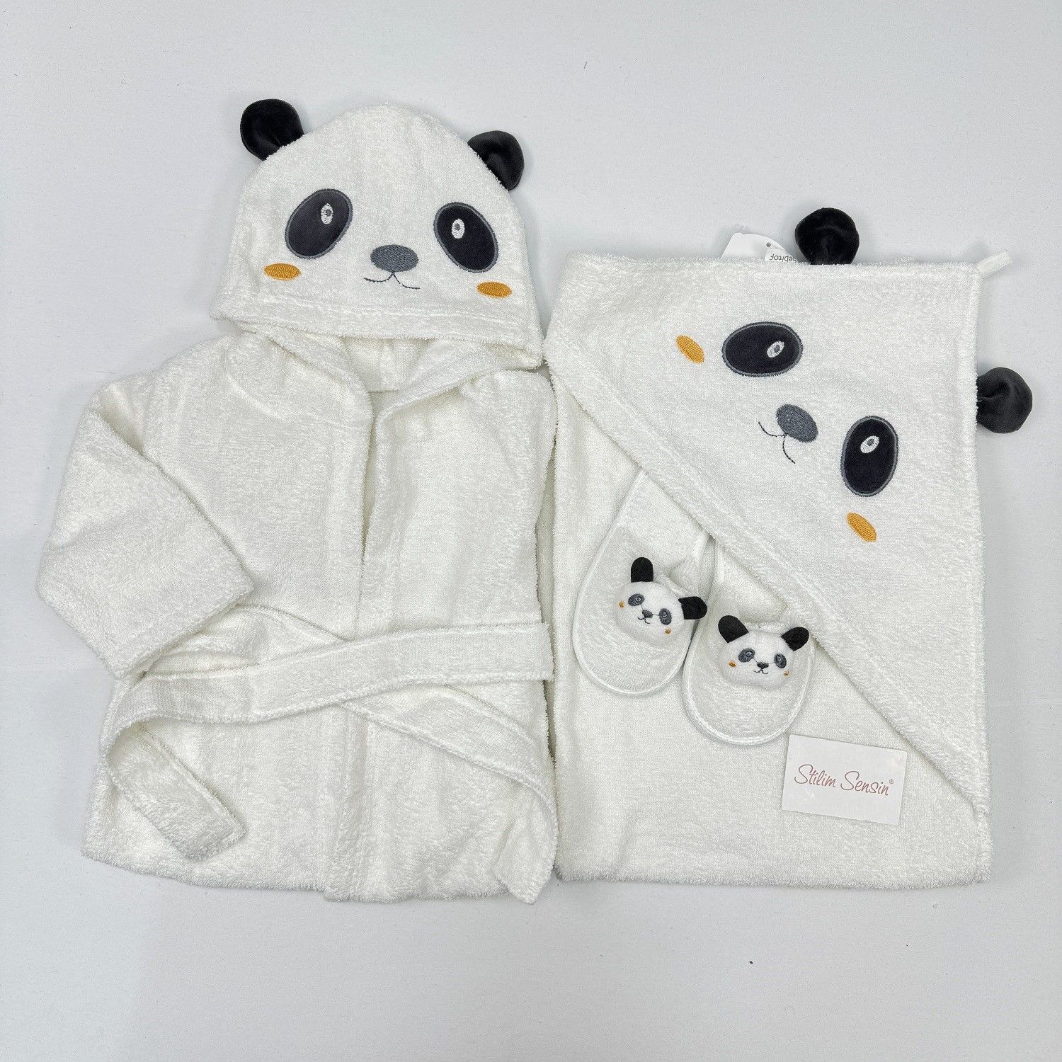 Panda Nakışlı  Unisex 3lu Bornoz Set