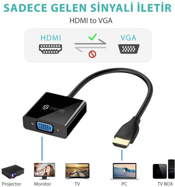 Syncwire HDMI to VGA Ses ve Micro Usb Çıkışlı Adaptör Çevirici