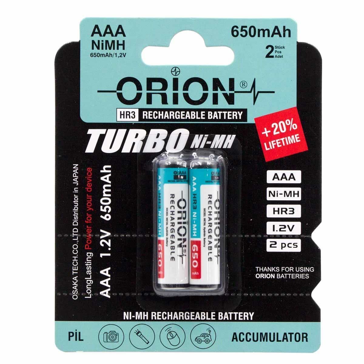 Orion 650mAh Ni-Mh AAA Şarj Edilebilir İnce Kalem Pil 2'li Paket