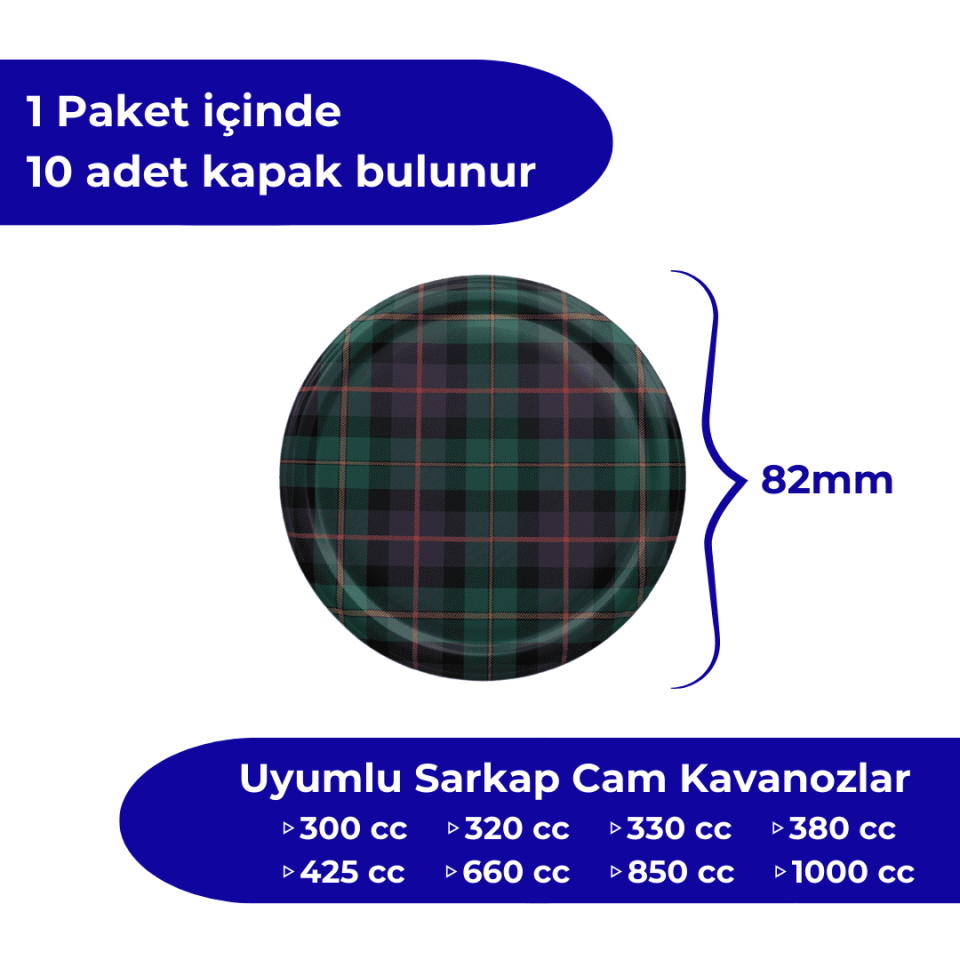 Hijyenik Paketli 10 Adet Kavanoz Kapağı Ekose Desenler 82 mm Yeşil-Siyah