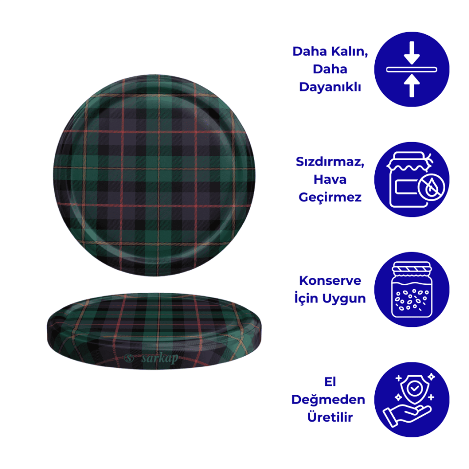 Hijyenik Paketli 10 Adet Kavanoz Kapağı Ekose Desenler 82 mm Yeşil-Siyah