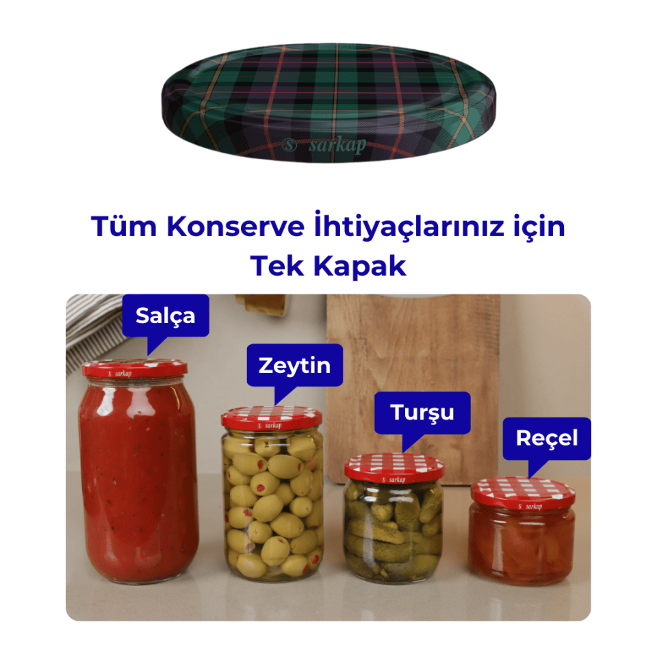 Hijyenik Paketli 10 Adet Kavanoz Kapağı Ekose Desenler 82 mm Yeşil-Siyah