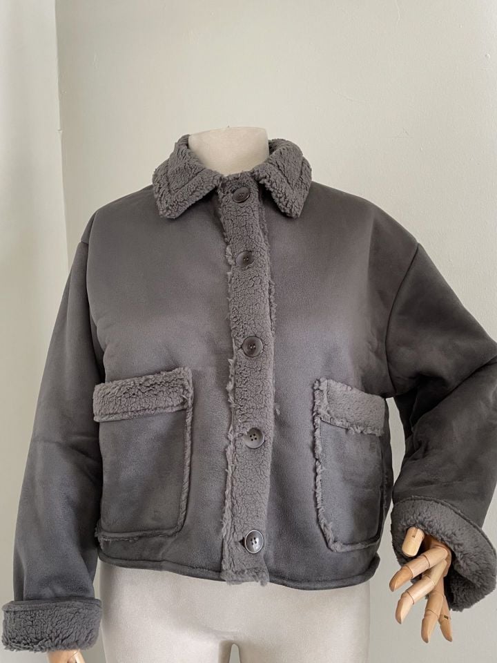 Antrasit gri içi kürklü çift cepli mont