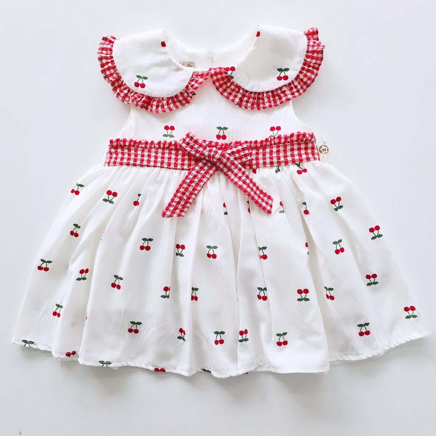 Wondress baby yakası fırfırlı fiyonklu kirazlı elbise
