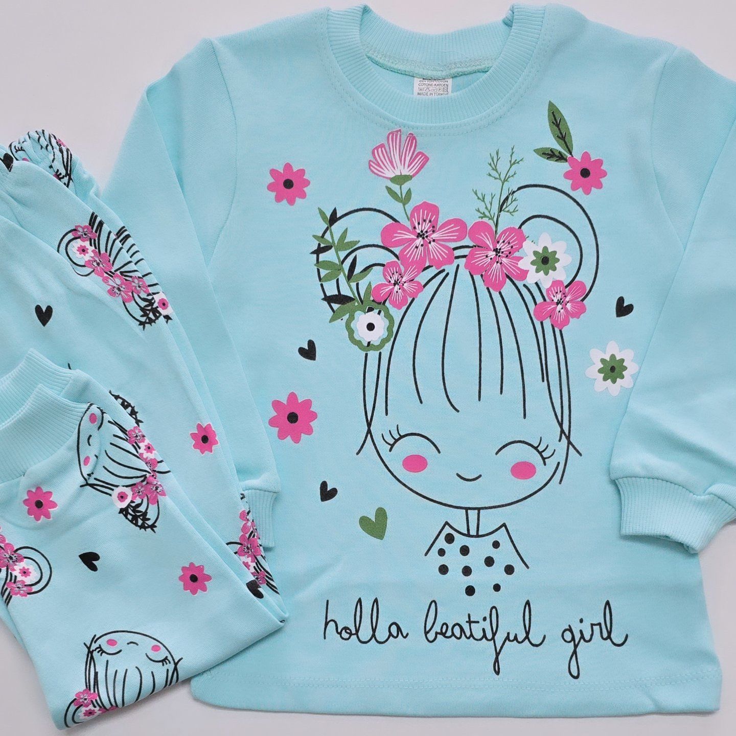 Mehdix kids çiçekli kız pijama takım yeşil