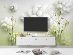 Beyaz Yeşil Çiçek Temalı Modern Duvar Kağıdı Baskı