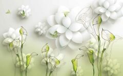 Beyaz Yeşil Çiçek Temalı Modern Duvar Kağıdı Baskı