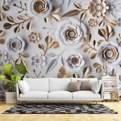 3 Boyutlu Gold-Beyaz Çiçek ve Yaprak Desenli Modern Duvar Kağıdı Baskı