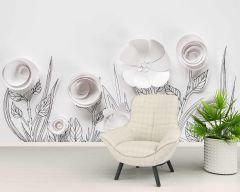 3 Boyutlu Kağıttan Beyaz Çiçek Desenli Duvar Kağıdı Baskı
