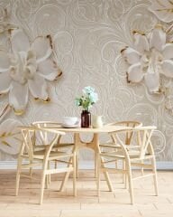 Gold-Beyaz Çiçek Desenli Modern Duvar Kağıdı Baskı