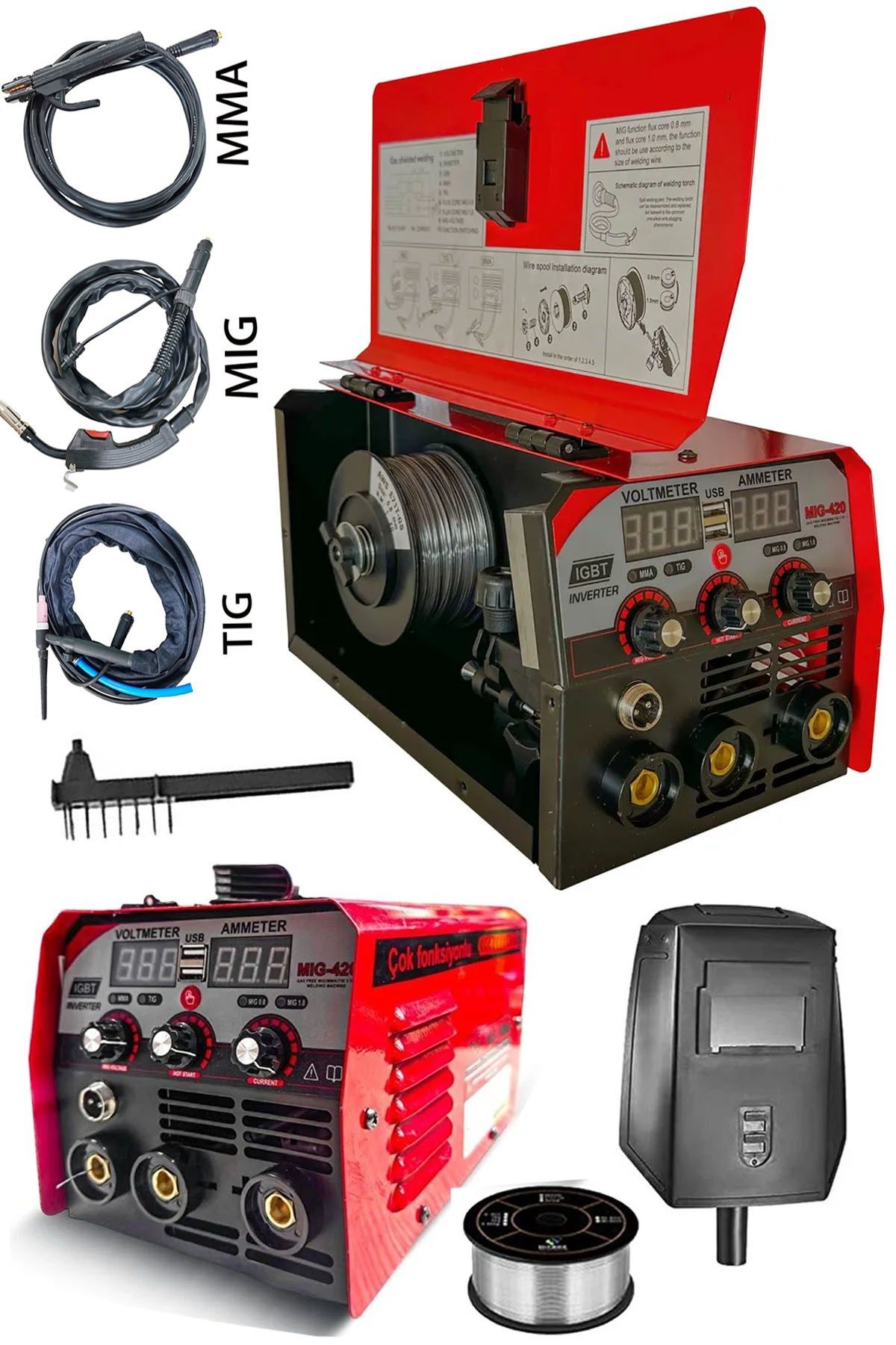 Yeni Nesil 3'ü 1 Arada MIG +  İnverter +TIG 3 Fonksiyonlu Gazsız Gazaltı Dijital Ekran  + Top Tel