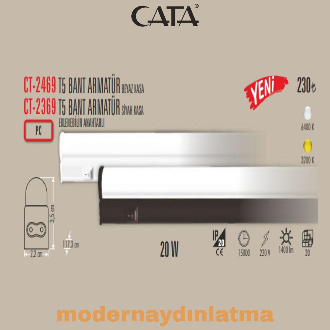 Cata CT-2369 120 Cm Eklenebilir T5 Led Bant Armatür Siyah Kasa Günışığı