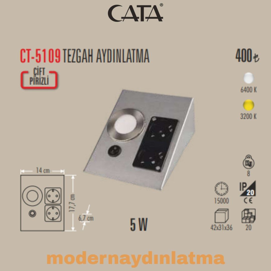 Cata CT-5109 Çift Prizli Tezgah Altı Aydınlatma Günışığı