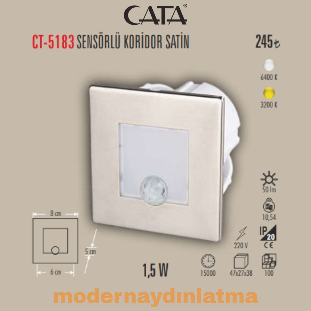 Cata CT-5183 Sensörlü Kare Koridor Spot Günışığı