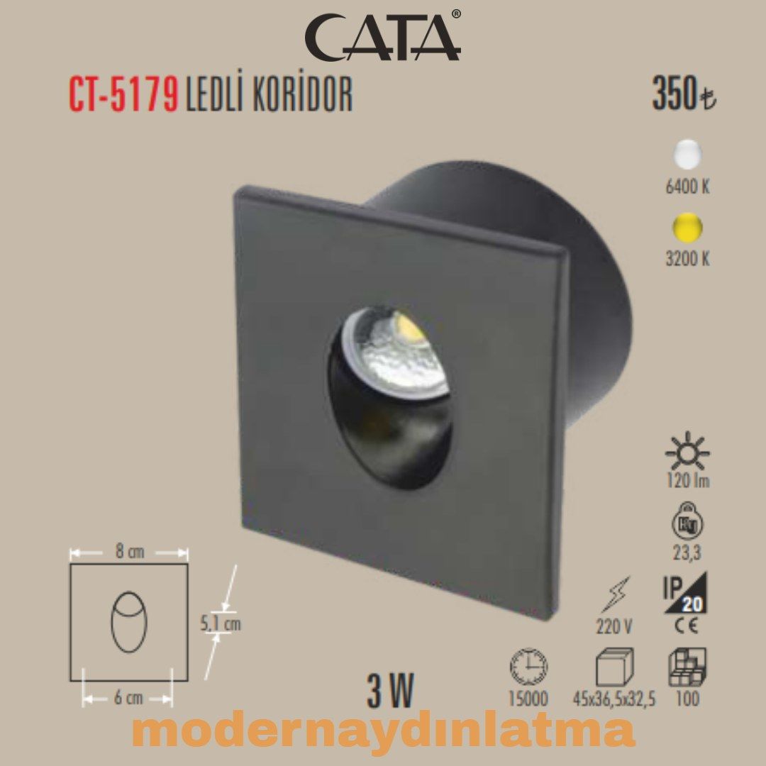 Cata CT-5179 Siyah Kasa Ledli Koridor Spot Beyaz Işık
