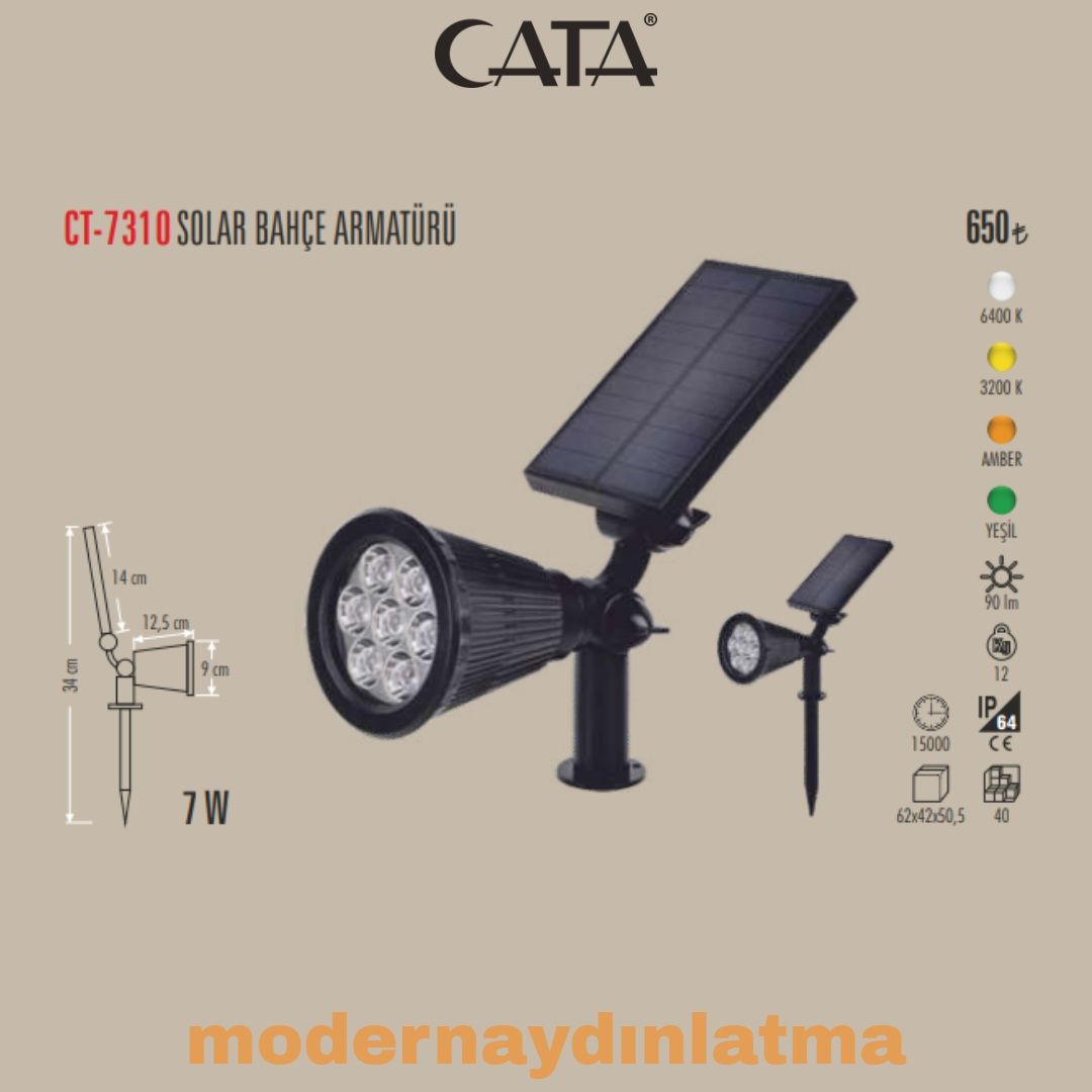 Cata CT-7310 7W Solar Güneş Enerjili Bahçe Armatür Beyaz Işık