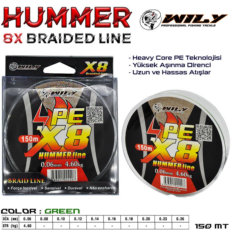 Wily Hummer 8 Kat İp Misina 150 mt Yeşil 0,06 mm