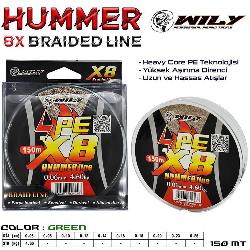 Wily Hummer 8 Kat İp Misina 150 mt Yeşil 0,12 mm