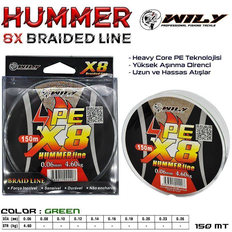 Wily Hummer 8 Kat İp Misina 150 mt Yeşil 0,16 mm