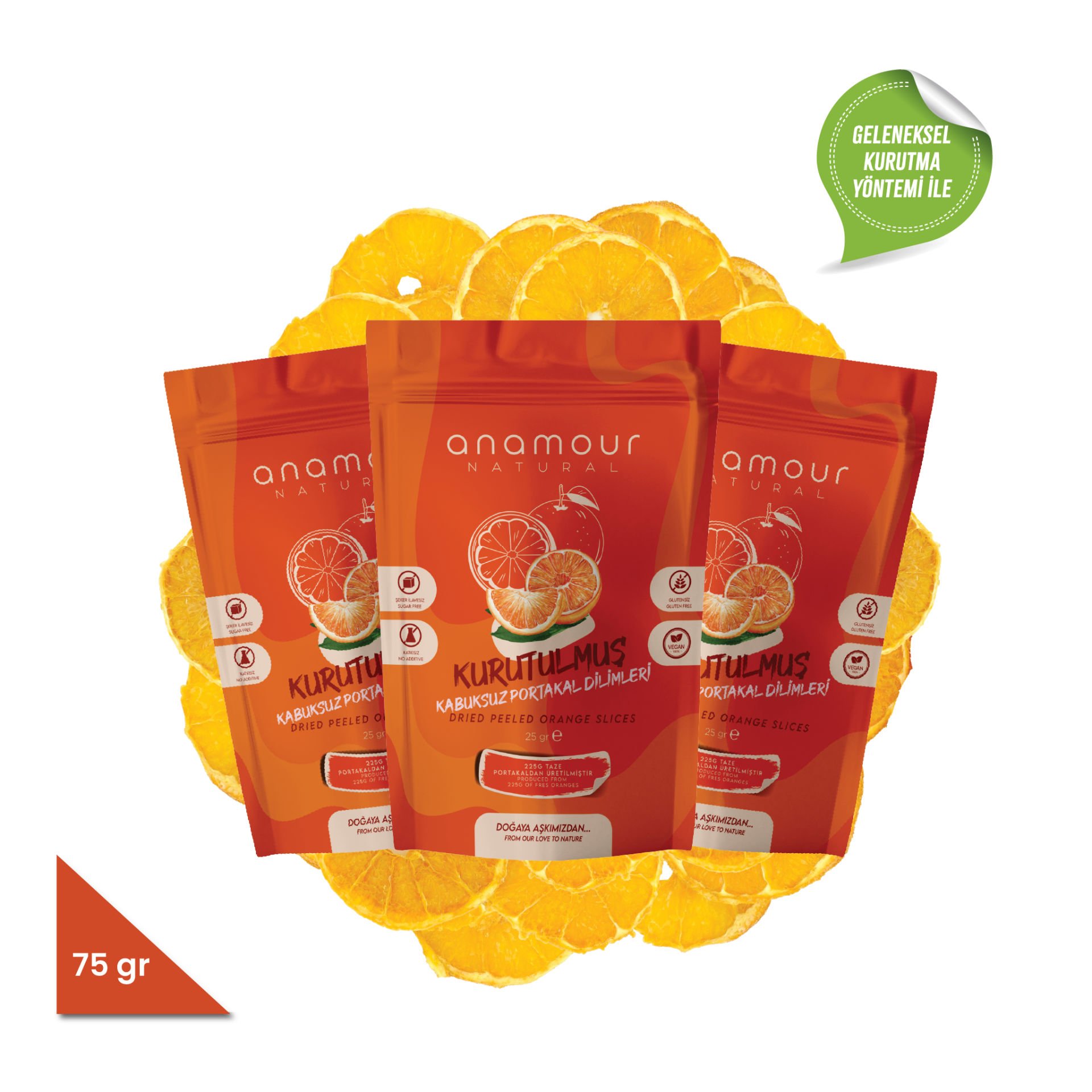 3-Pack Dried Peelless Orange Fruit 75 Grams - Anamour Natural