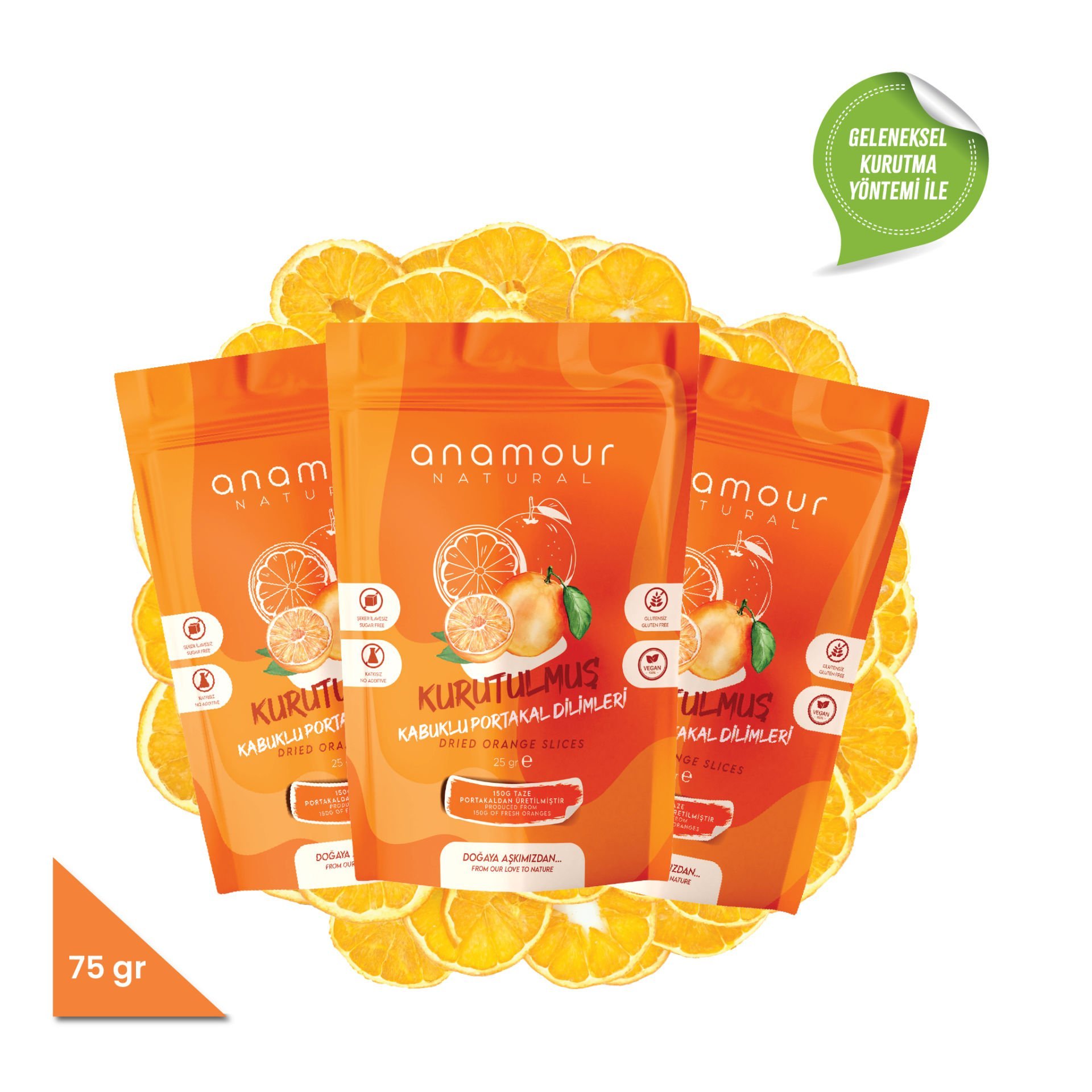 3 Piece Dried Orange - Orange Chips (Sugar Free) - Dried Fruit Crunch 75 Grams