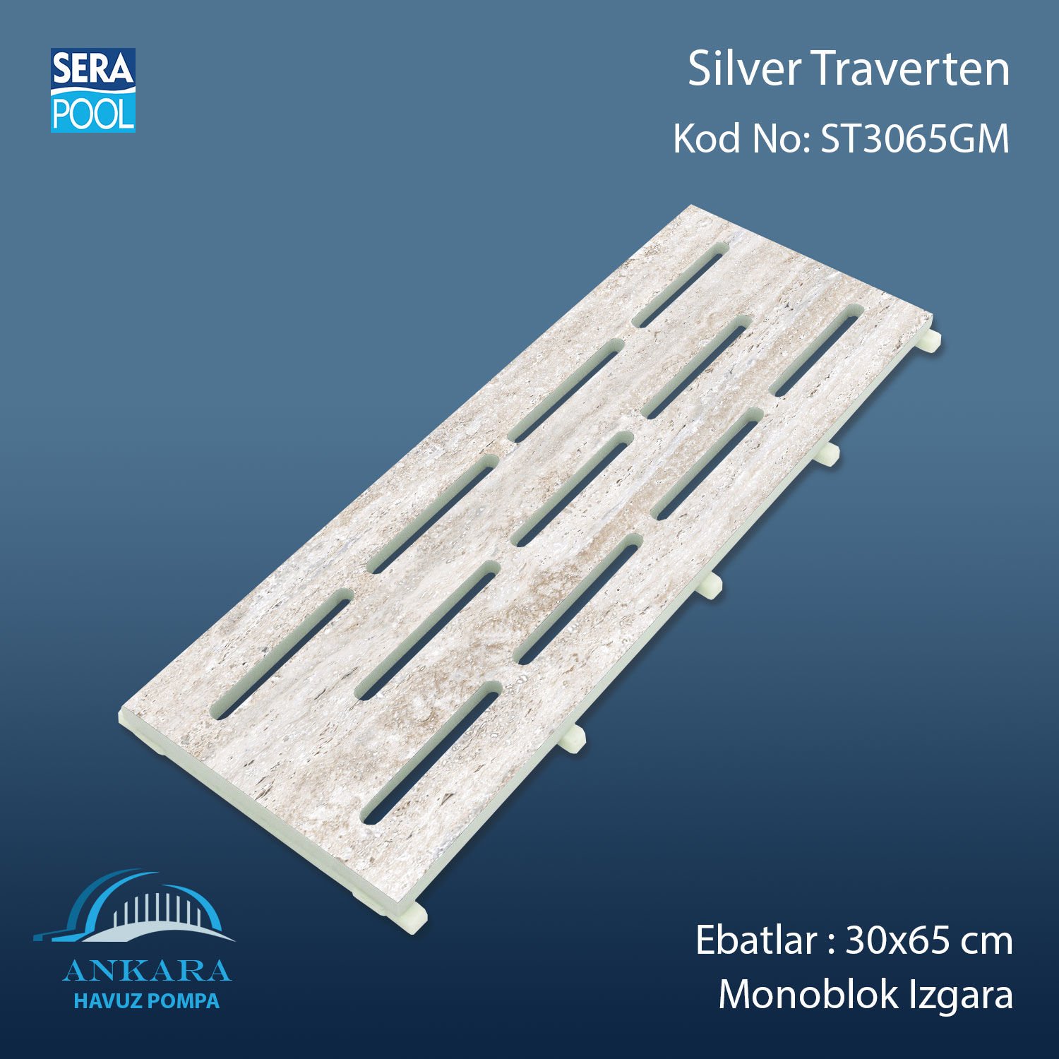 Silver Traverten 30x65 cm Monoblok Izgara