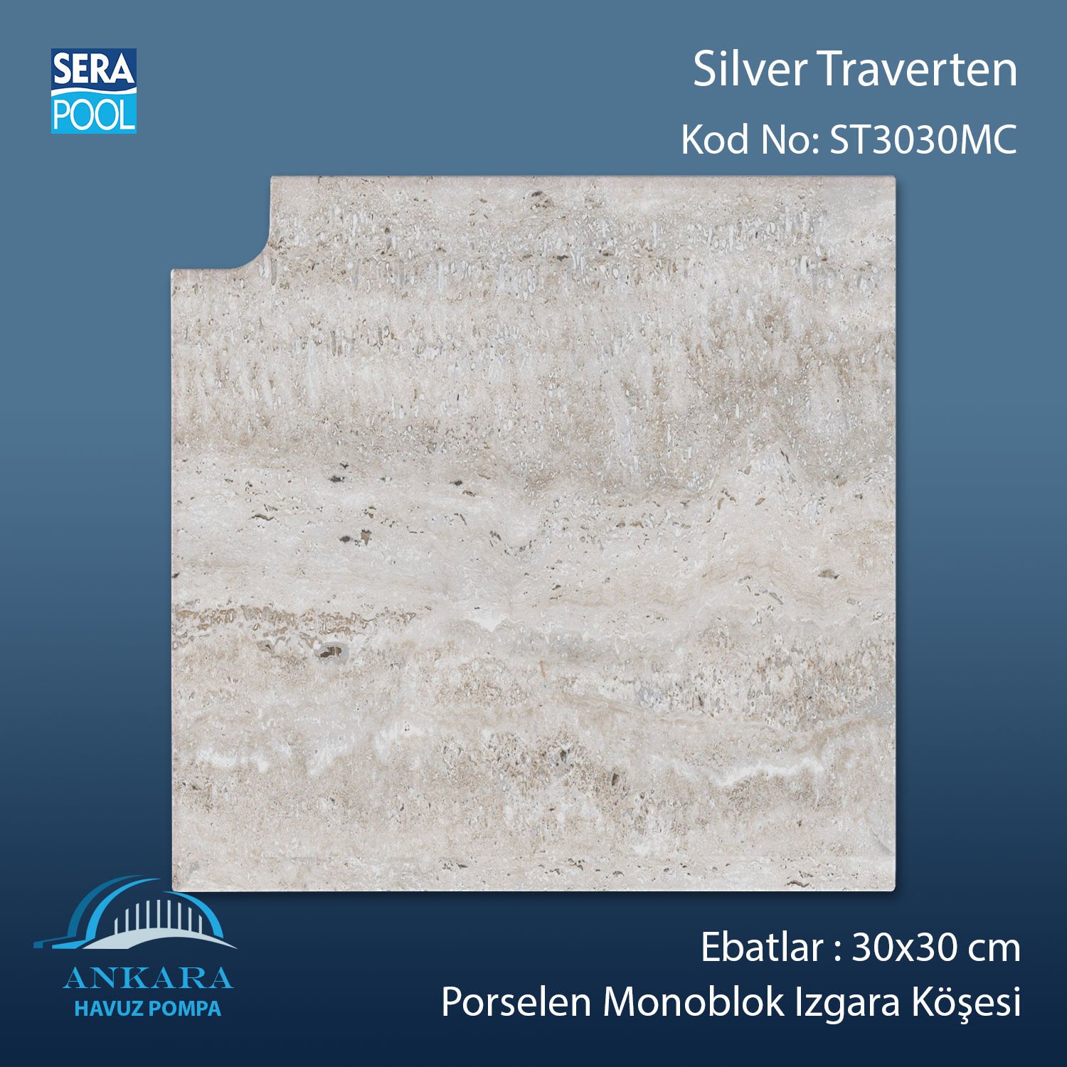 Silver Traverten 30x30 cm Monoblok Izgara Köşesi