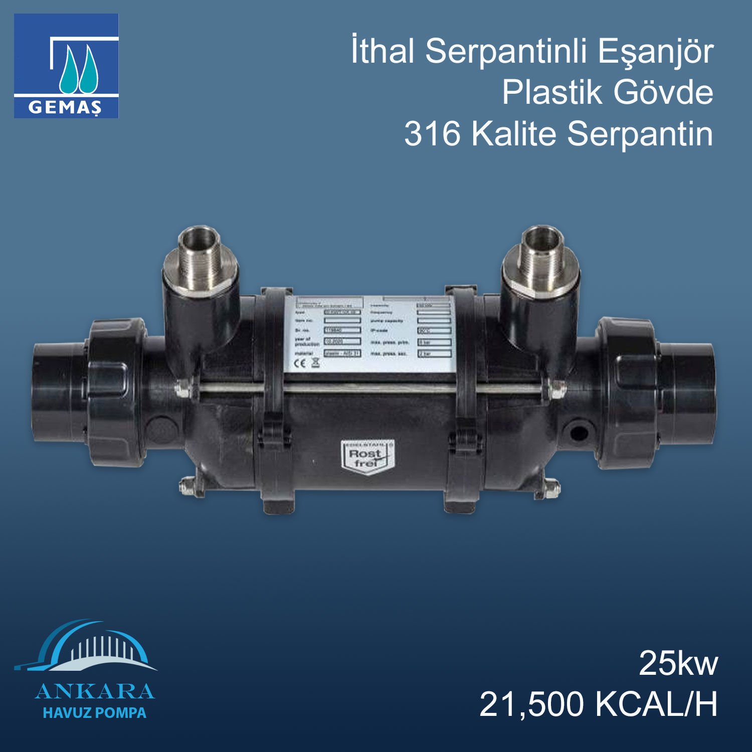 İthal Serpantinli Eşanjör 25kw 21,500 Kcal/h 316 K