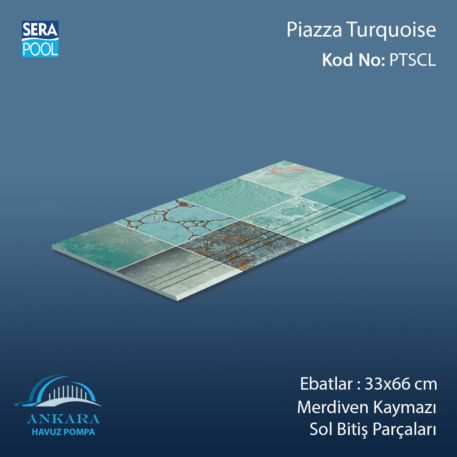 Piazza Turquoise 33x66 cm Merdiven Kaymazı Sol Bitiş