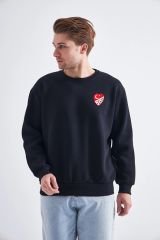 Sweatshirt, Siyah Basic Kapüşonsuz, İçi Polarlı, Üç İplik TFF