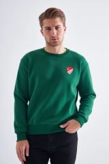 Sweatshirt, Yeşil Basic Kapüşonsuz, İçi Polarlı, Üç İplik TFF