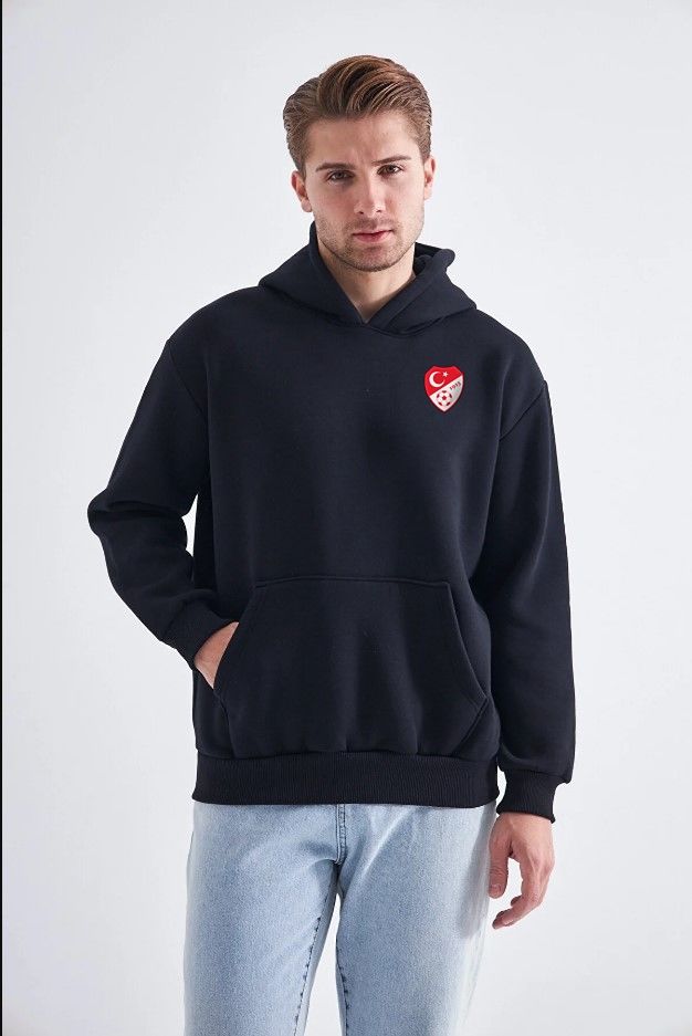 Sweatshirt, Siyah Kapüşonlu, İçi Polarlı, Üç İplik TFF