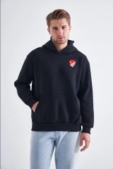 Sweatshirt, Siyah Kapüşonlu, İçi Polarlı, Üç İplik TFF