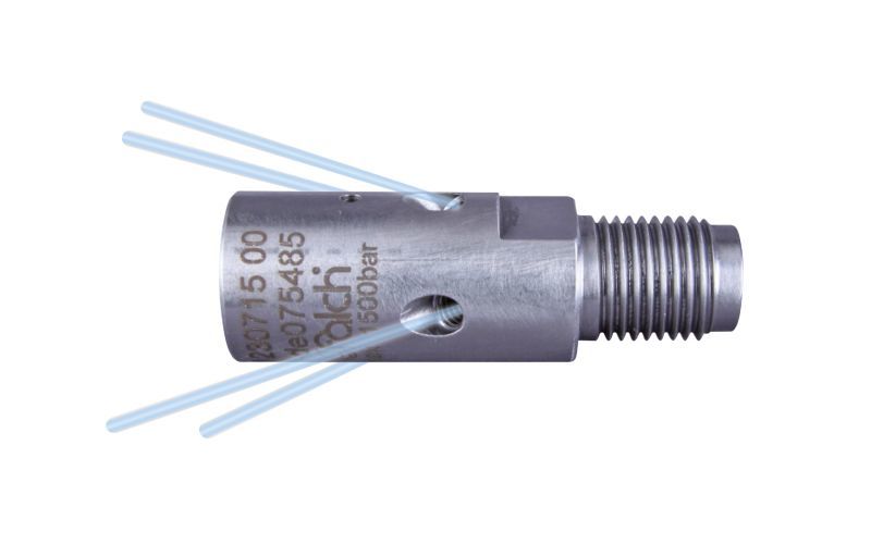 Pipe cleaning pushing nozzle 1500 bar, 1/4'' outer thread x 1/4'' inner thread, 4 x M4 inner thread, 135°, style 8, Ø18mm