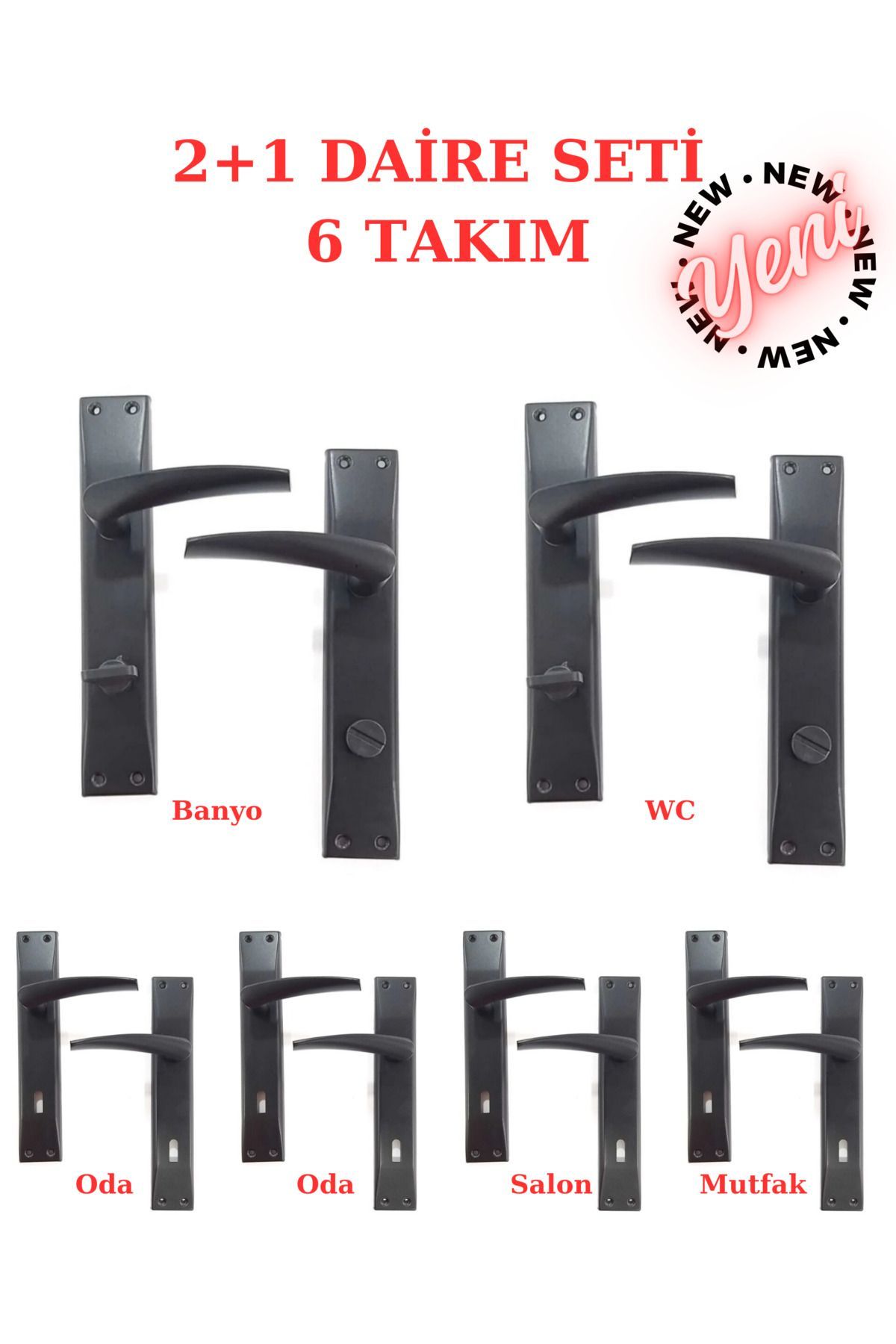 (6 TAKIM) YENİ BRAWO MAT SİYAH AYNALI KAPI KOLU (2+1) DİRE SETİ (4 ODA - 2 WC)