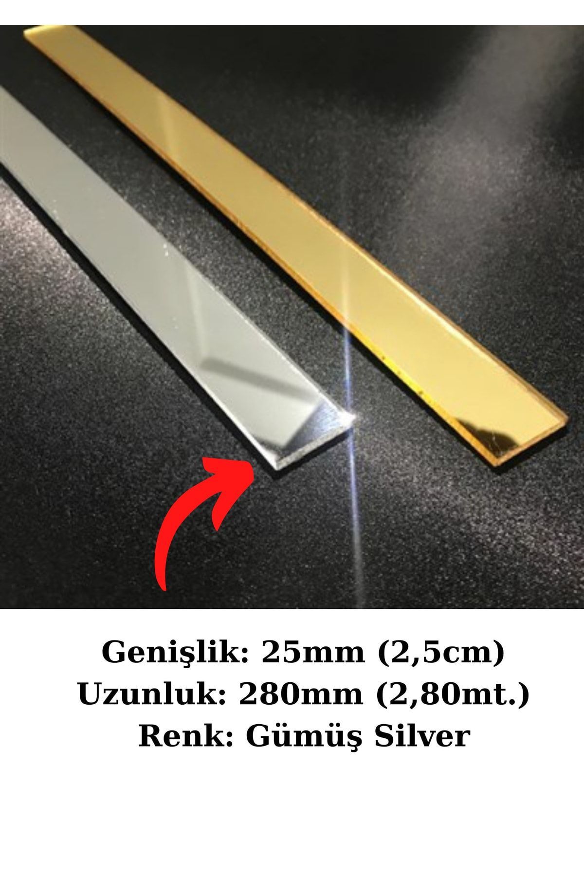 Bg (2,5CM) Dekoratif Yapışkanlı (SİLVER) Aynalı Pleksi Şerit Mobilya Dolap Süsü 25mm X 2800mm