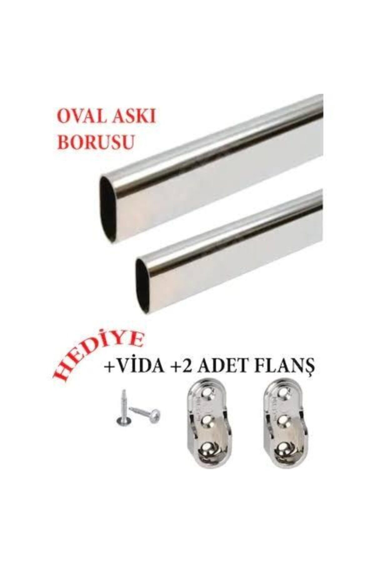 60cm Oval Krom Parlak Gardırop Askı Borusu 2 Adet Flanş + Montaj Vidaları