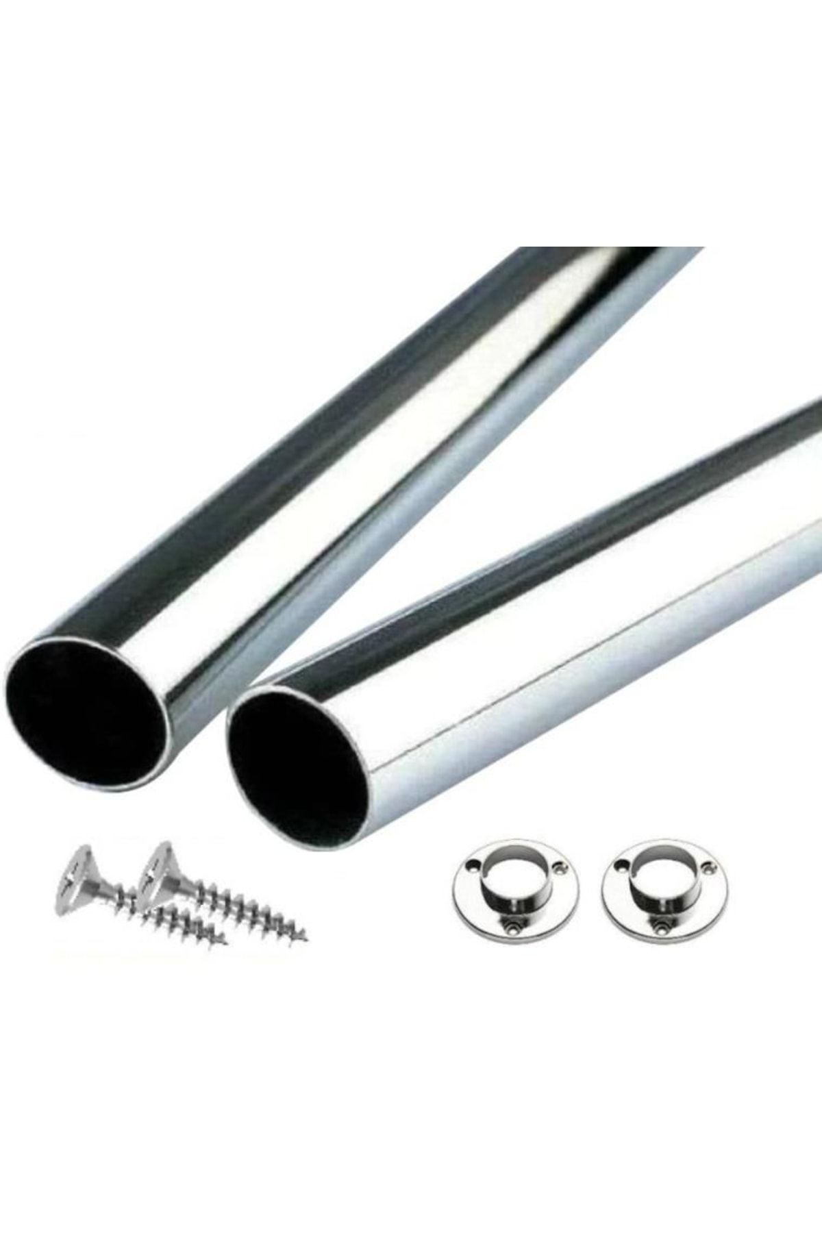 Yuvarlak Krom Parlak (40cm) Dolap Içi Elbise Askı Borusu + 2 Adet Flanş + Vidalar