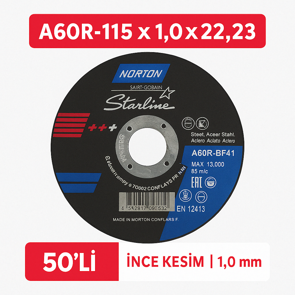 Norton Clipper İnce Metal Kesme-A60R-115 x 1.0 x 22.23 – T41 NOR-Starline (50 Lİ )