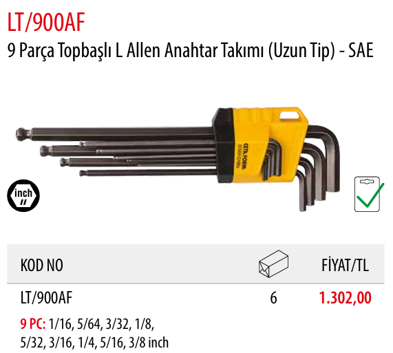 Ceta Form LT13/900AF 13 Parça Topbaşlı L Allen Anahtar Takımı (Uzun Tip) - SAE
