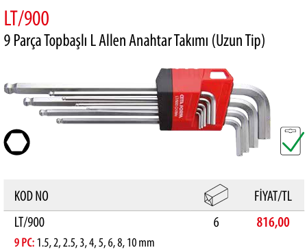 Ceta Form LT/900 9 Parça Topbaşlı L Allen Anahtar Takımı (Uzun Tip)