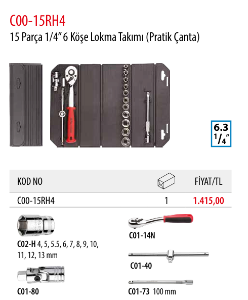 Ceta Form C00-15RH4 15 Parça 1/4” 6 Köşe Lokma Takımı (Pratik Çanta)