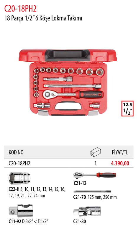 Ceta Form C20-18PH2 18 Parça 1/2” 6 Köşe Lokma Takımı