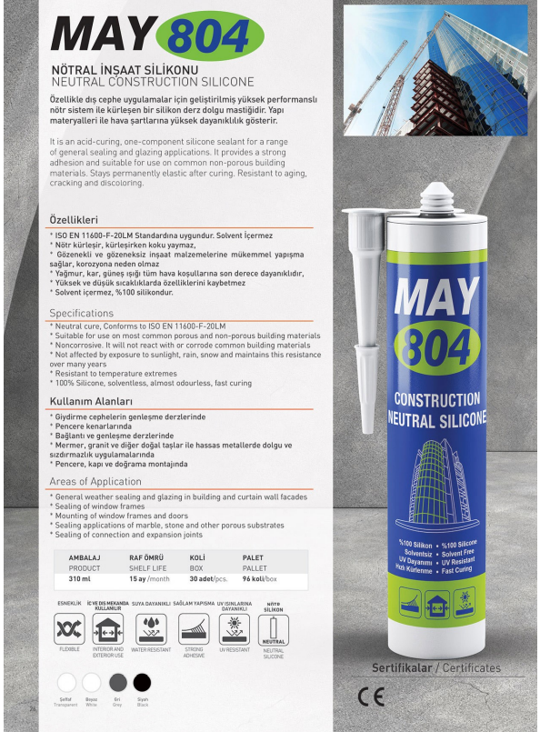 MAY804 Nötral İnşaat Silikonu 310 ML