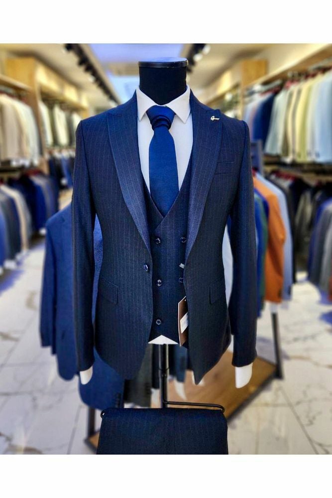 Erkek Koyu Lacivert Slim Fit Çizgili Takım Elbise Full Set
