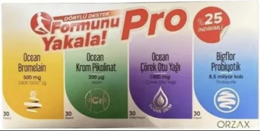 Ocean Formunu Yakala 4'lü Set 30 Kapsül - Bromelain + Krom Pikolinat + Çörek Otu Yağı + Bigflor Probiyotik - (SKT: 07/2026)