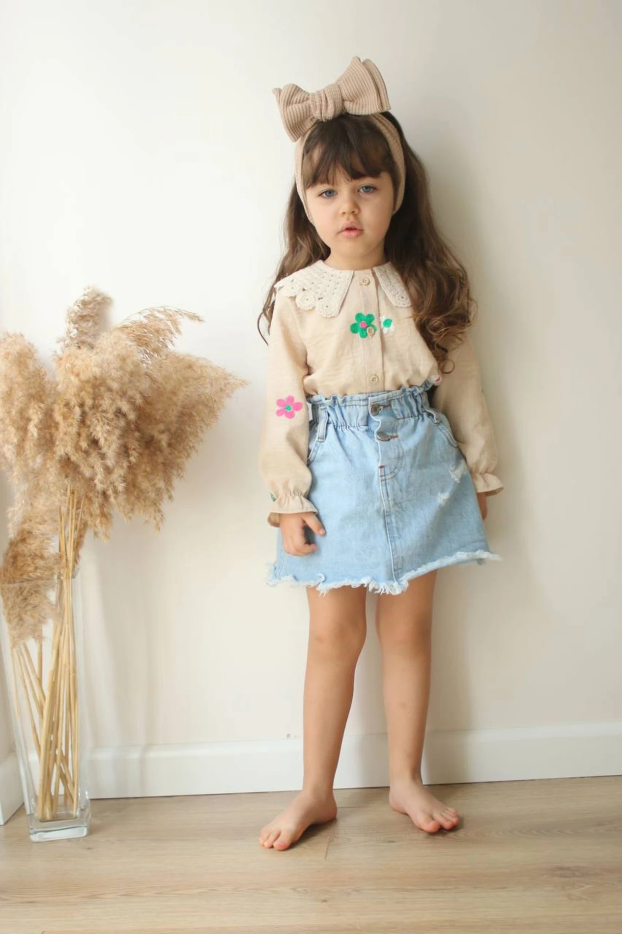 Yakalı Çiçek Baskılı Denim Takım