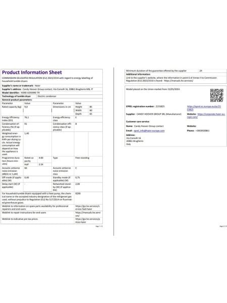 HAIER HD90-A2939RE-TR 9 kg Wi-Fi Bağlantılı Antrasit Isı Pompalı Kurutma Makinesi
