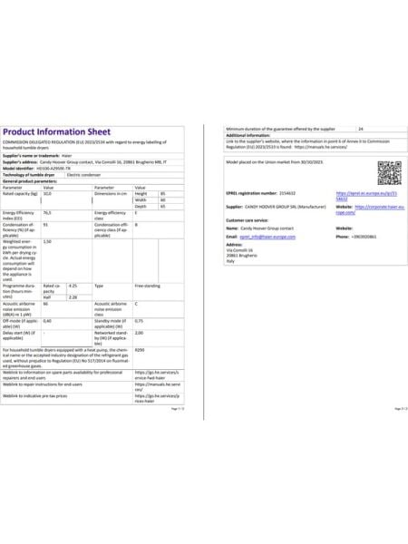 HAİER HD100-A2959E-TR 10 kg Wi-Fi Bağlantılı Isı Pompalı Kurutma Makinesi